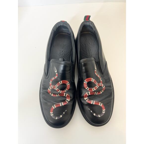 Gucci Black Leather Snake Print Slip On Sneakers, Size 7 - Picture 3 of 9